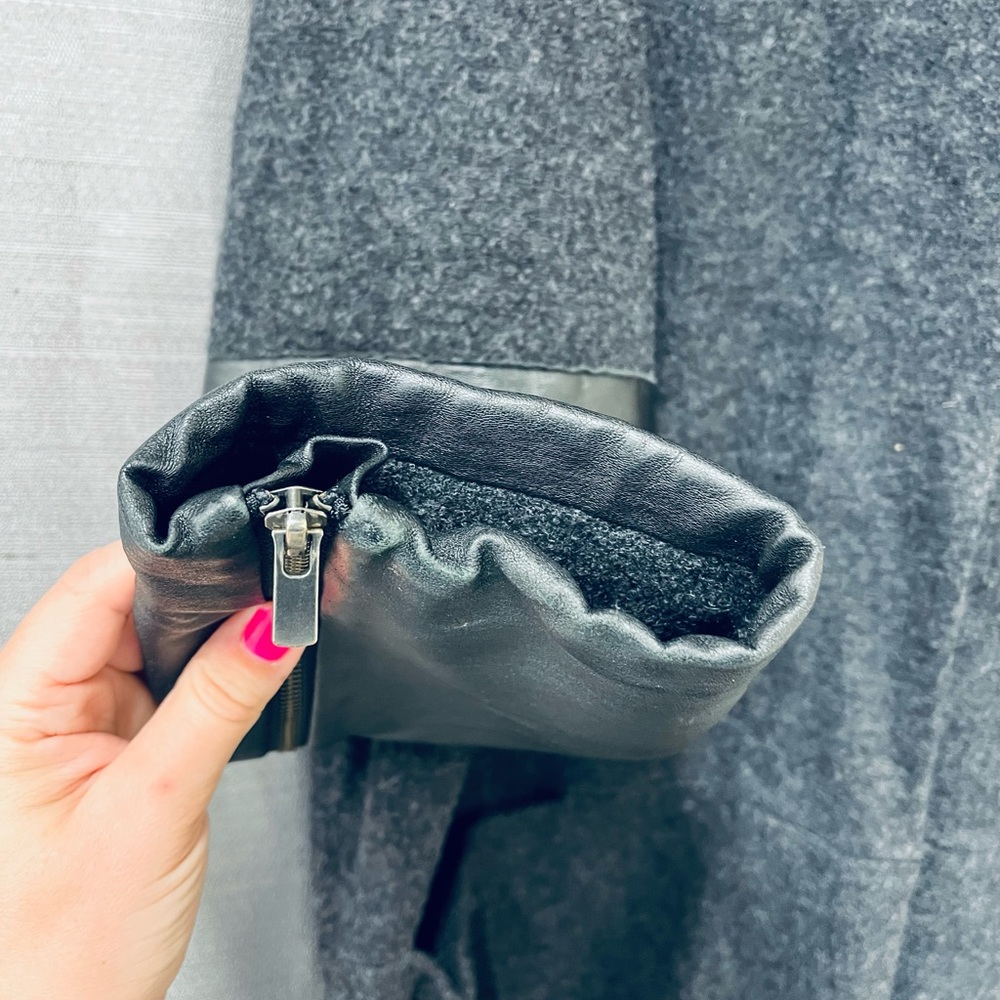 SOLD Eileen Fisher High Neck Black Leather Sleeve Dark Grey Wool Jacket Size XL - Picture 4 of 11